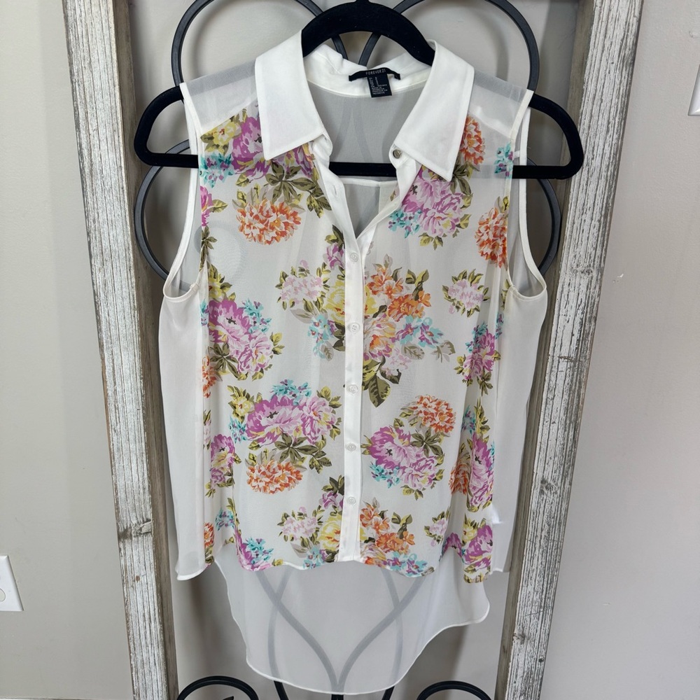 Forever 21 Floral Sleeveless Sheer Hi Low‎ Blouse - Size Small
